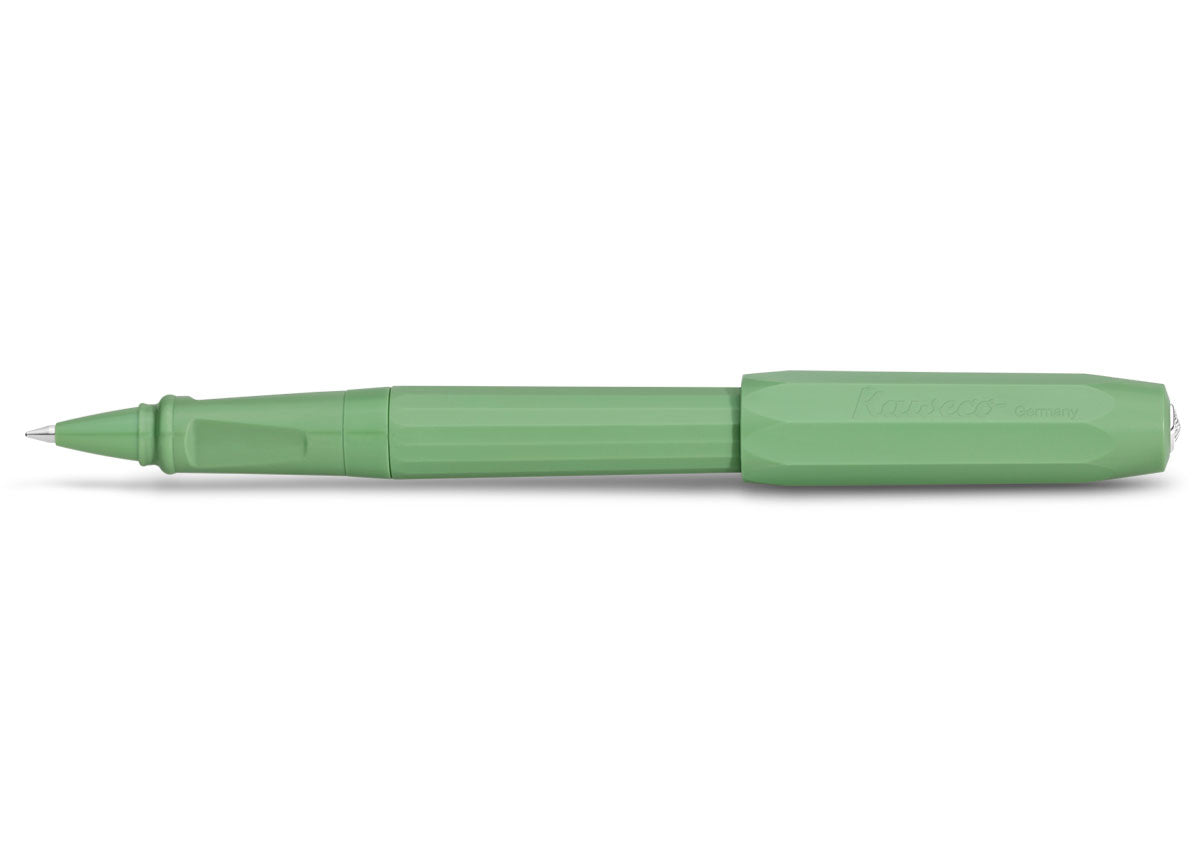 Side view of the Jungle Green Rollerball with the cap posted, showing the colourless embossing