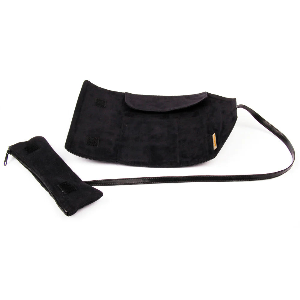 Black suede pen-roll with a matching pouch on a white background