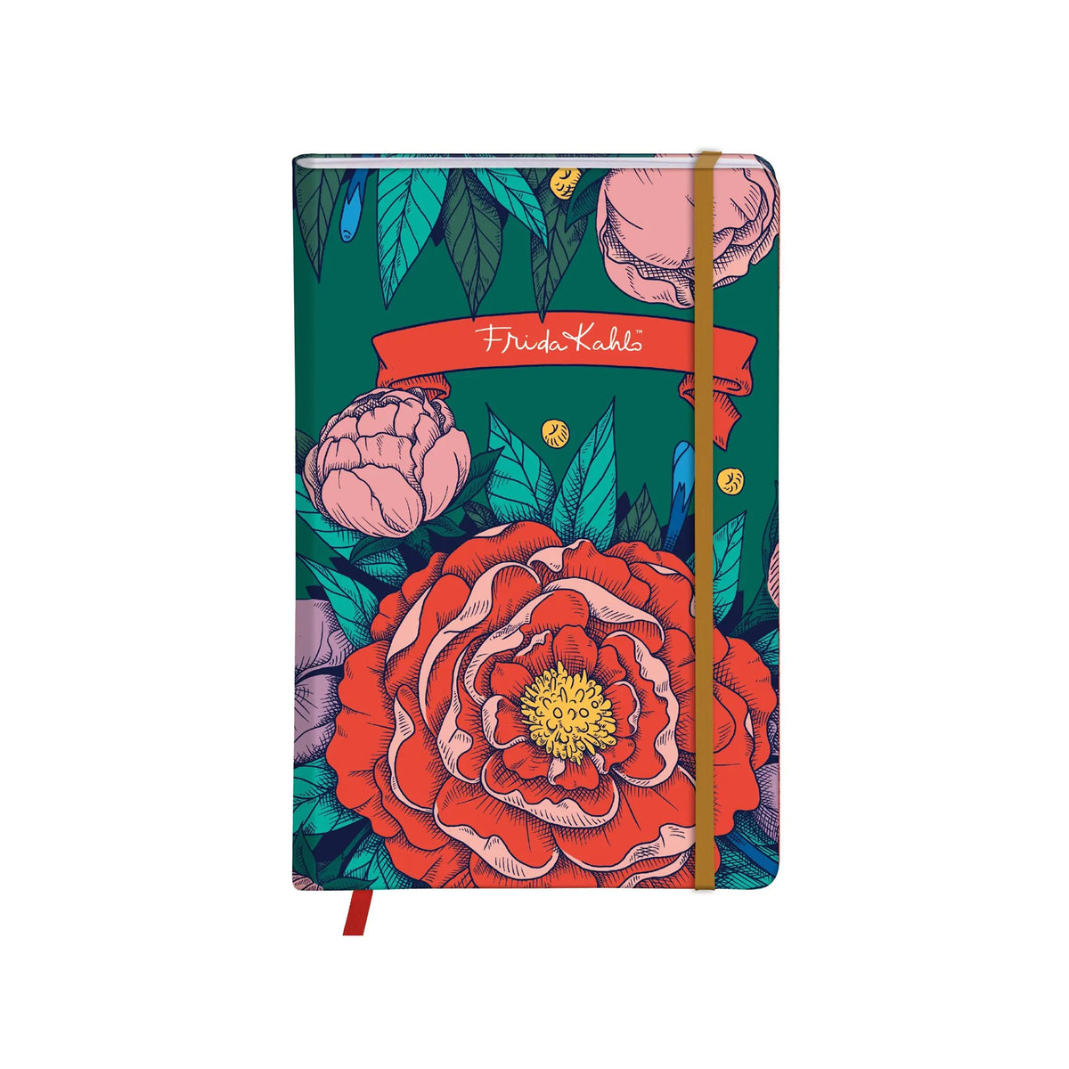 Floral notebook with a visible brand logo on a white background
