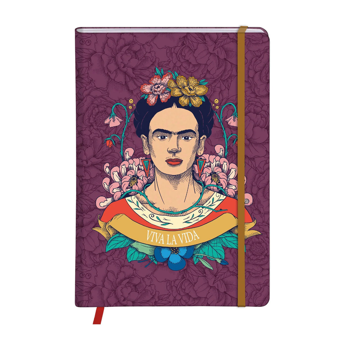 Notebook with Frida Kahlo design on a purple floral patterned cover