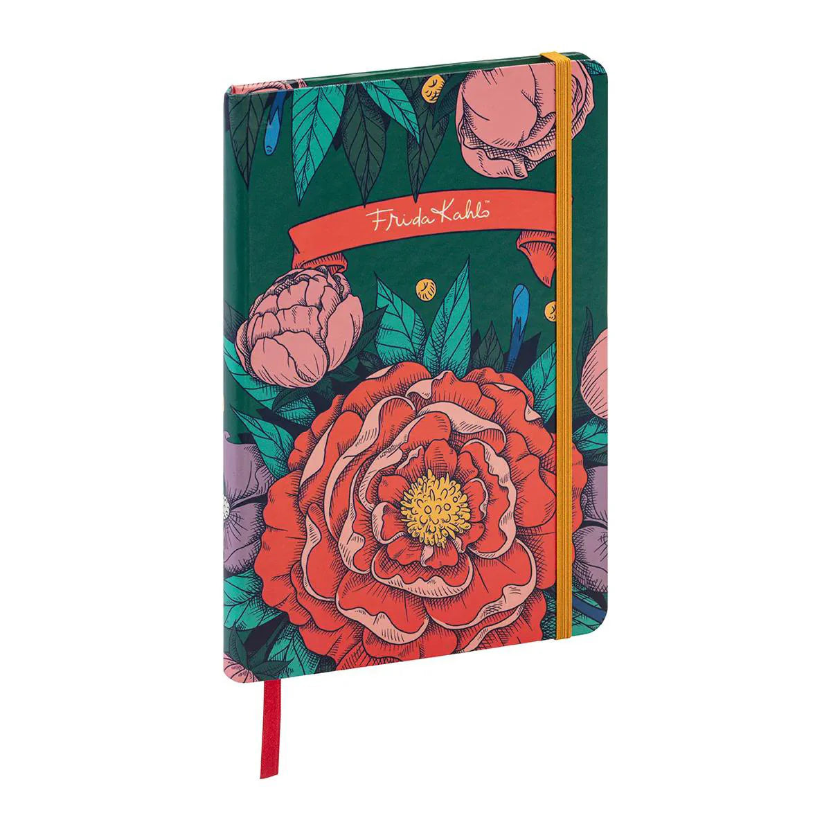 Floral notebook with a red ribbon on a white background