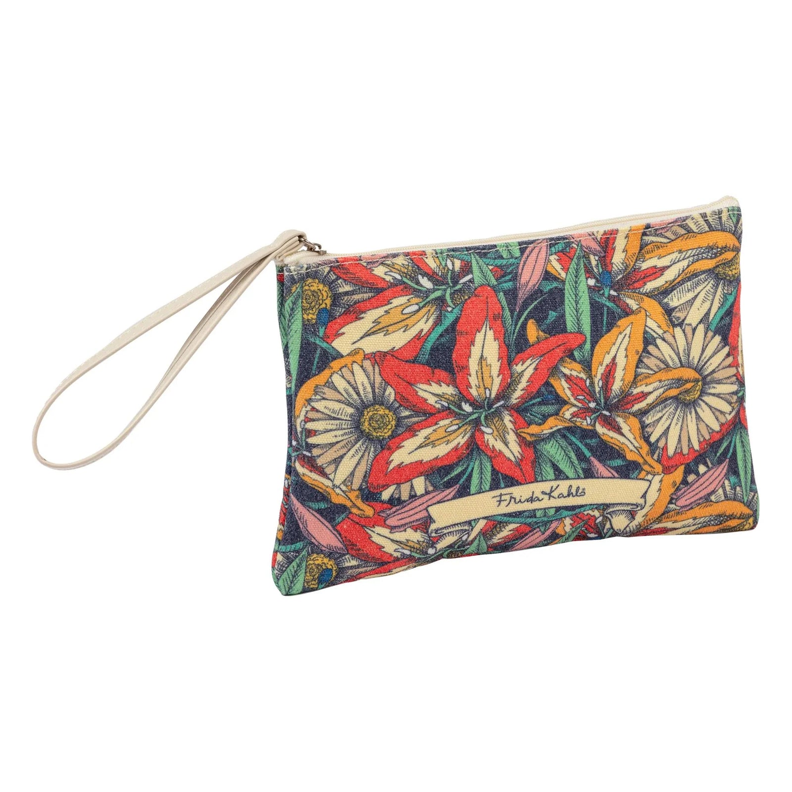 Colorful floral-patterned clutch bag with a strap on a white background
