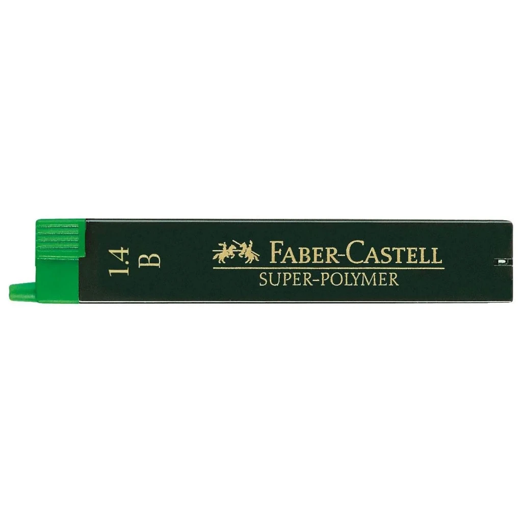 A single Faber-Castell Super-Polymer 14B pencil lead in its dark green and gold paper sleeve, with a bright green plastic tip visible on the left, set against a plain white background.