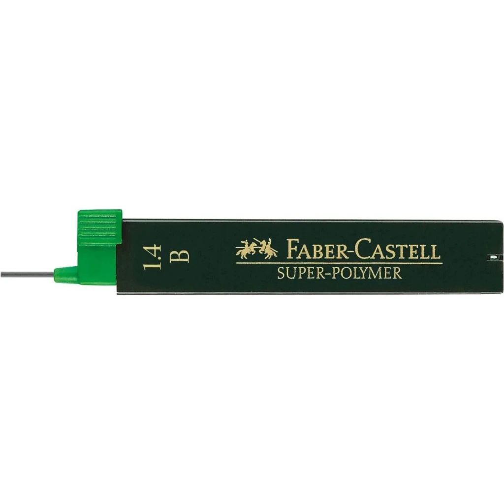 A Faber-Castell Super-Polymer 1.4 B pencil lead cartridge, showing the dark green body with gold lettering and a green tip, on a plain white background.