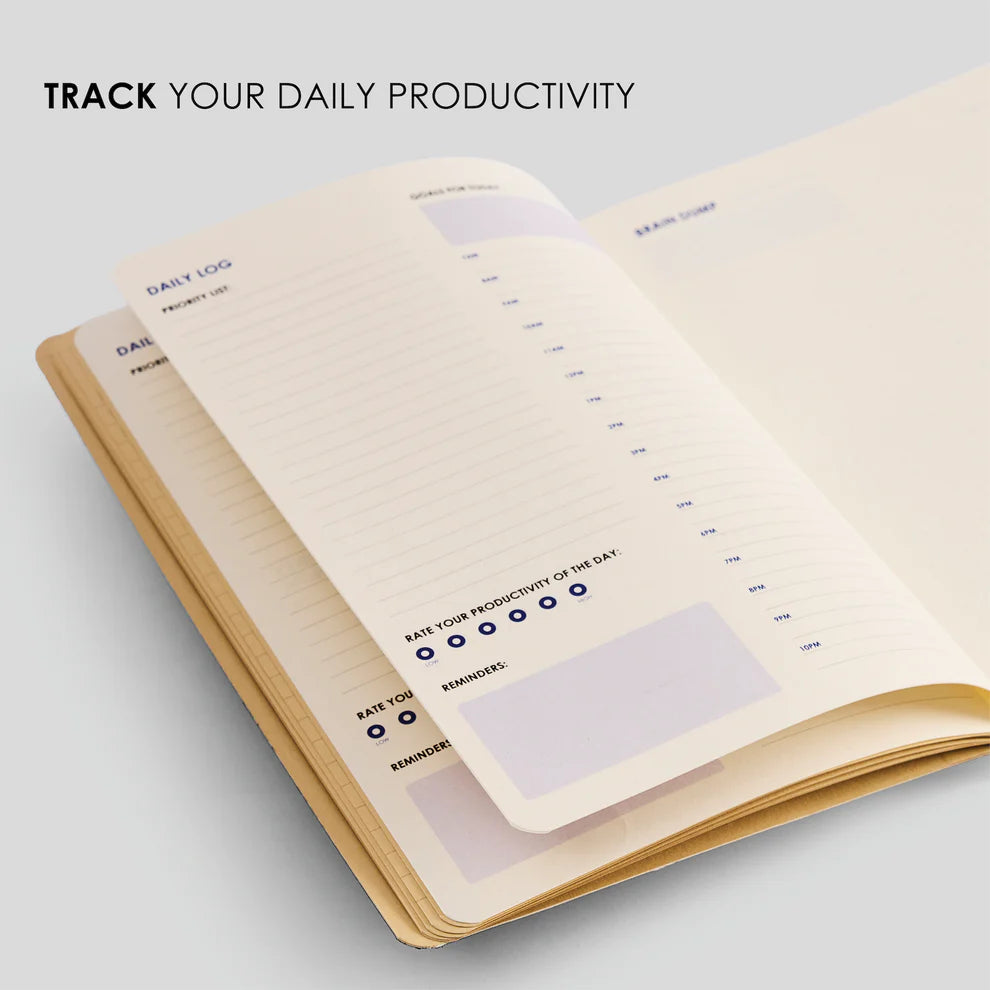 Productivity tracker book with daily log entries on a light gray background