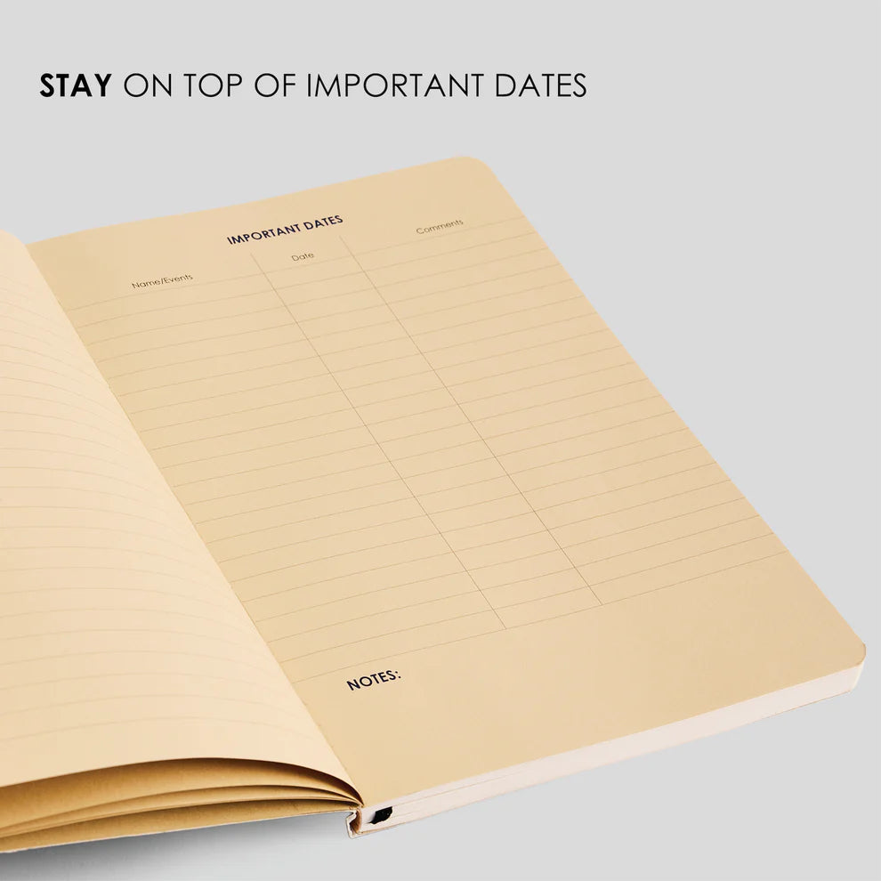 Open notebook with 'Important Dates' and 'Notes' sections on a light gray background.