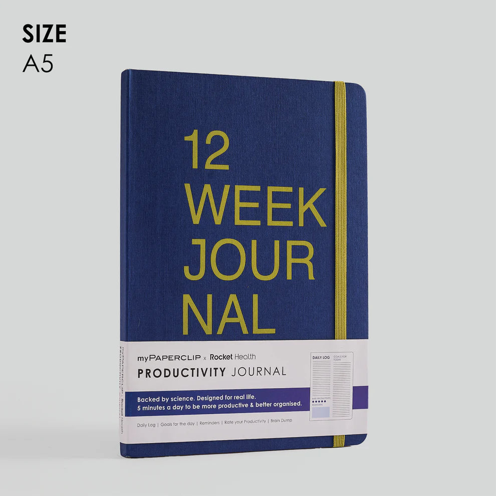 Productivity journal with blue cover and yellow text on a light gray background
