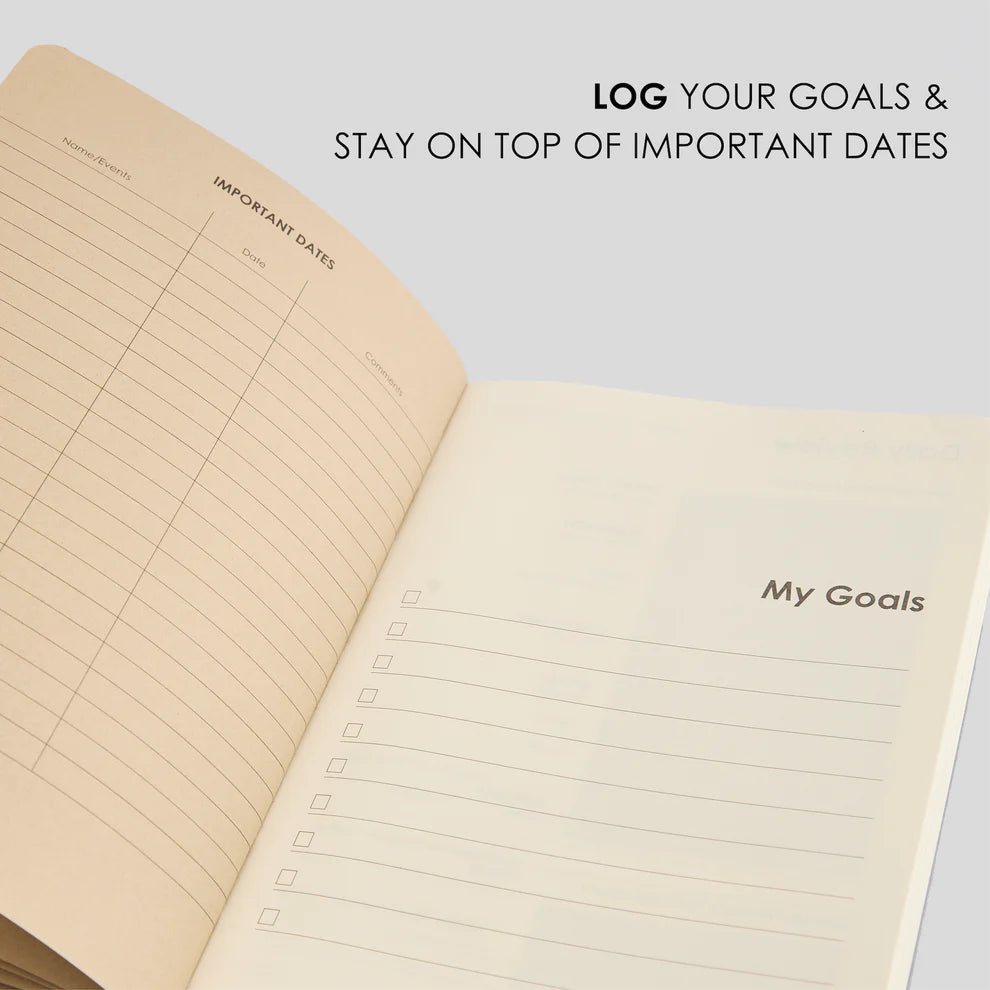 Open notebook with sections for 'My Goals' and 'Important Dates' on a light gray background.
