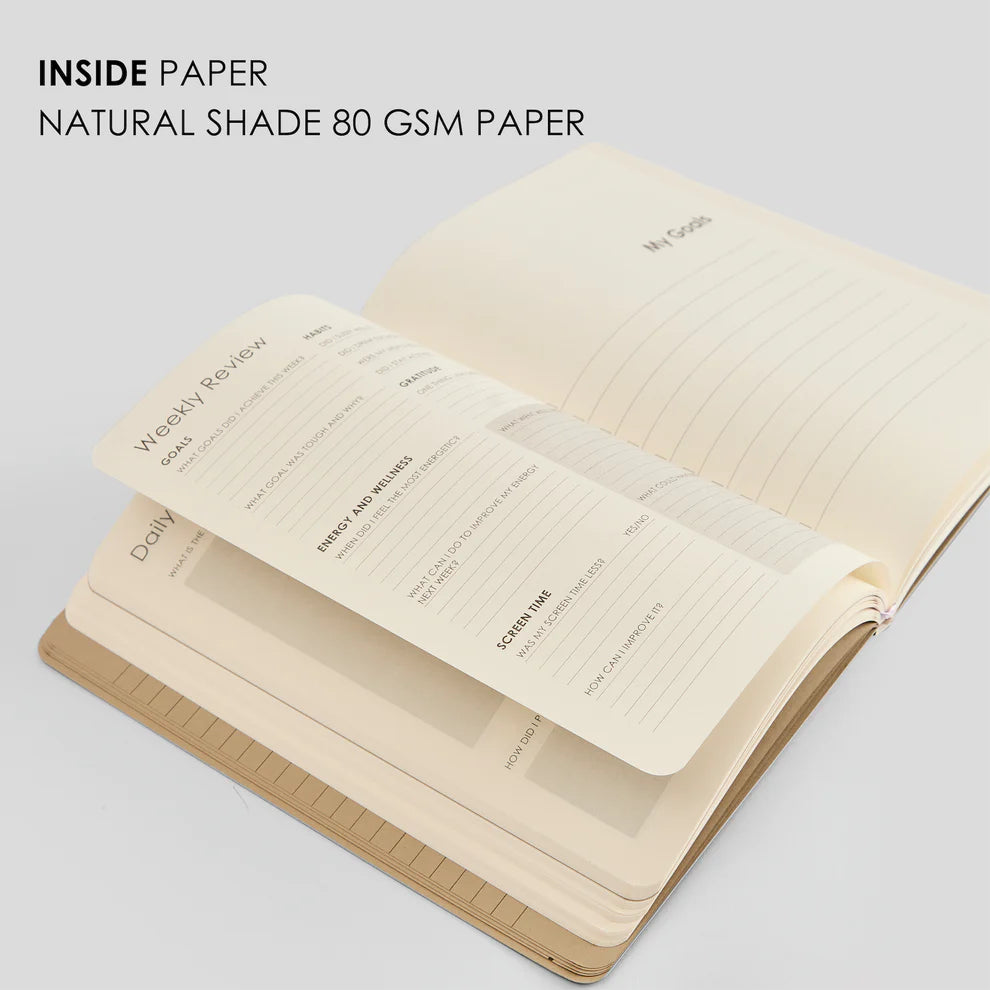 Open notebook showing inside pages with natural shade 80 GSM paper on a light gray background.