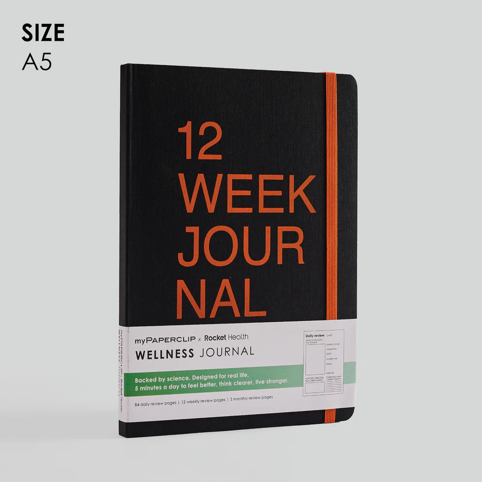 Black journal with orange text on a gray background