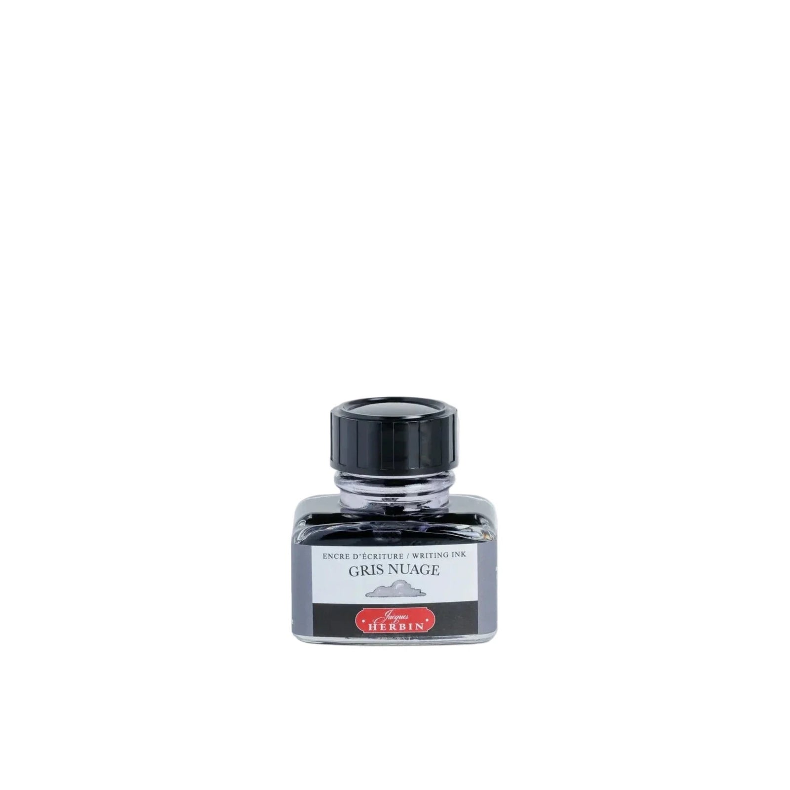 Bottle of ink with a visible brand label on a white background