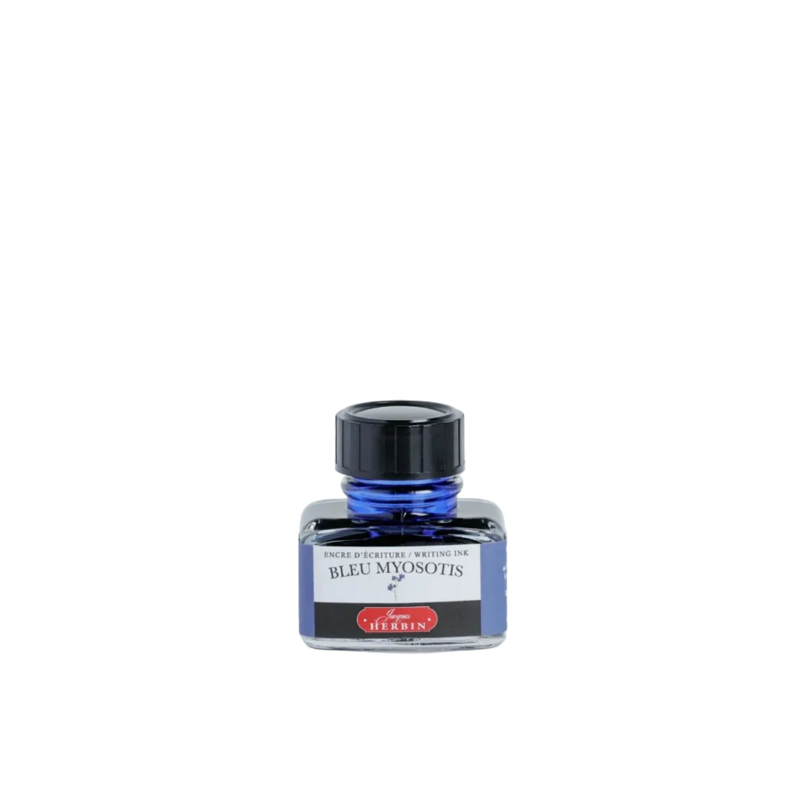 Bottle of blue ink with a black cap on a white background