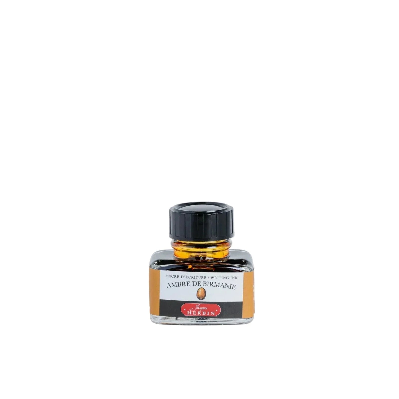 Bottle of ink with a black cap on a white background