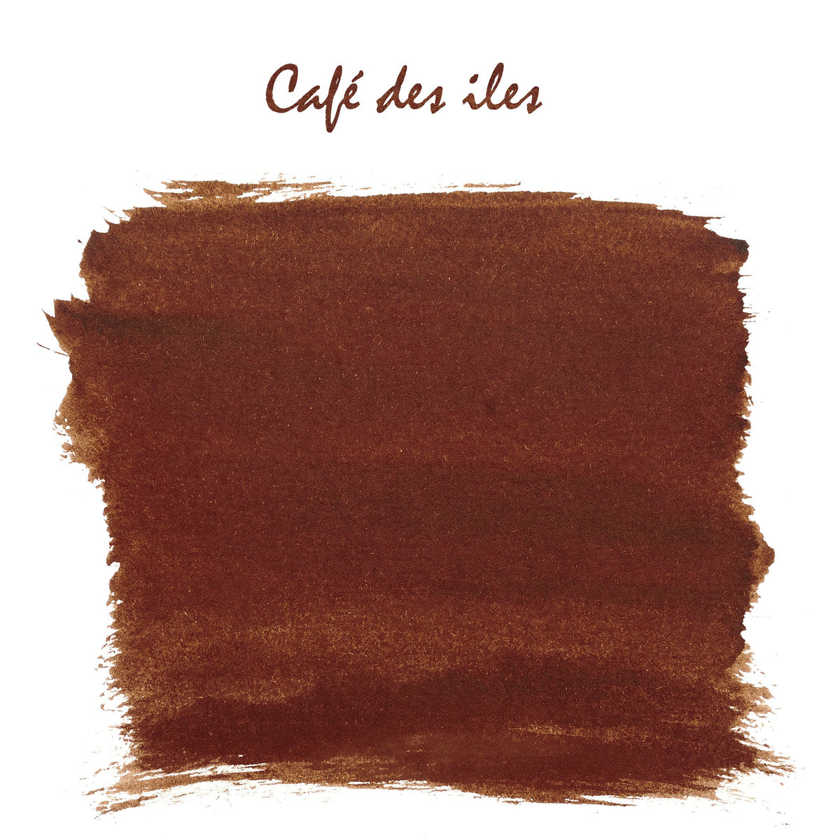 A textured brown watercolor swatch with the words 'Café des éles' written above it on a white background.