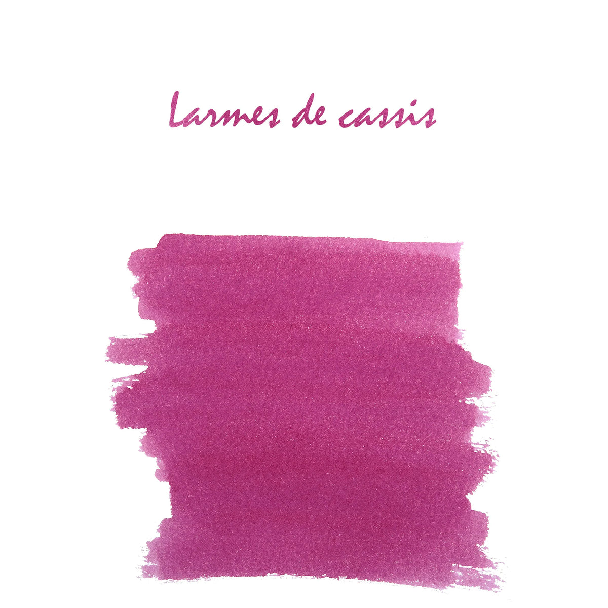 Magenta ink swatch with 'Larmes de Cassis' text on a white background