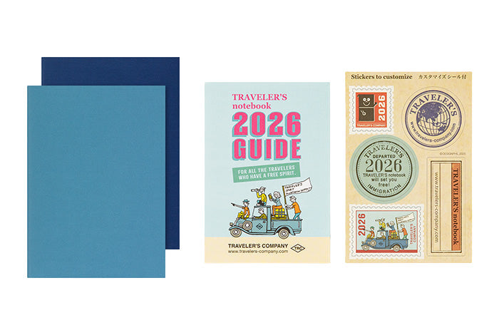 Traveler&#39;s notebook 2026 guide with blue cover and decorative elements on a white background