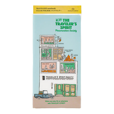 Traveler&#39;s notebook clear folder with colorful illustrations on a light blue background