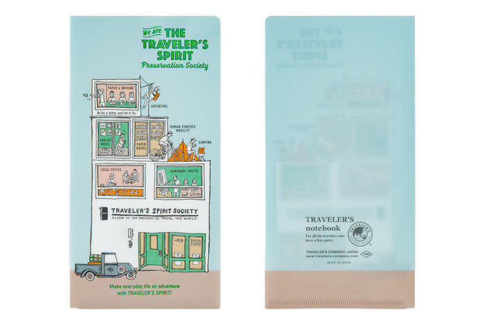 Traveler's notebook clear folder with colorful illustrations on a light blue background