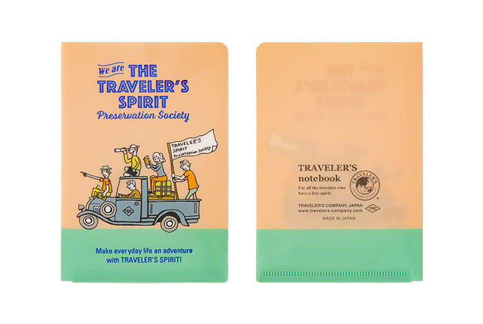 Traveler's notebook clear folder with illustration of people on a van and text on a beige background