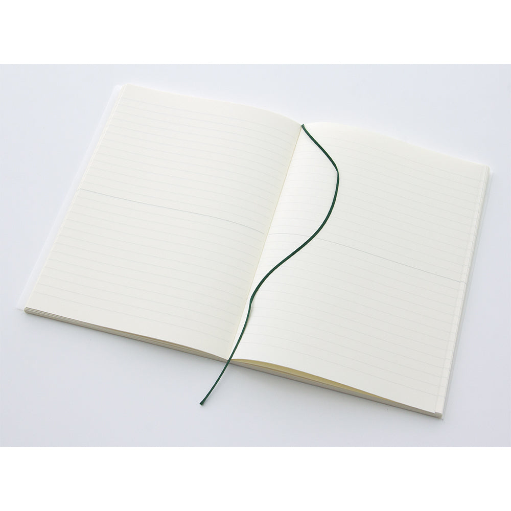 Inside spread of lined pages with green bookmark ribbon