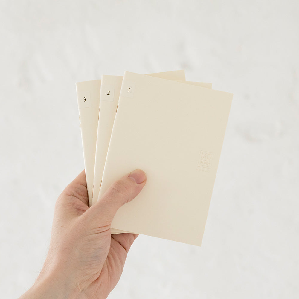 A hand holding three light notebooks