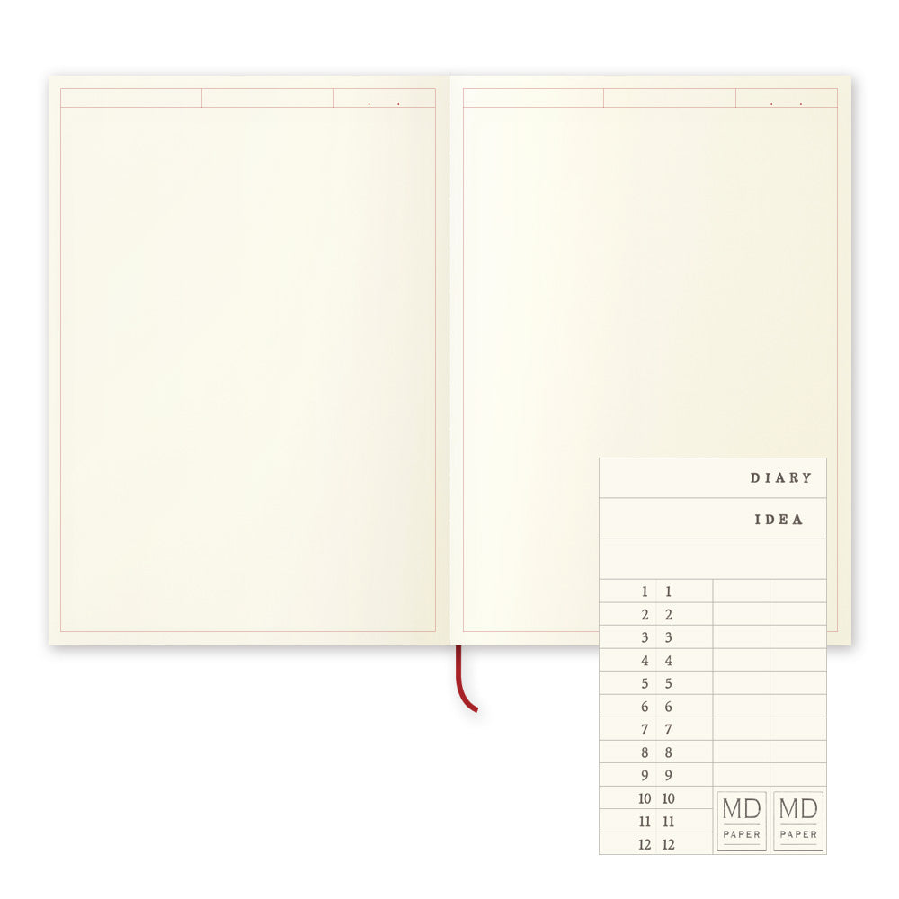 Inside spread of the Frame Journal shows blank pages with a fine red printed frame allowing space for a date, title or other notations at  the top of the pages, and the labelling slip which is included