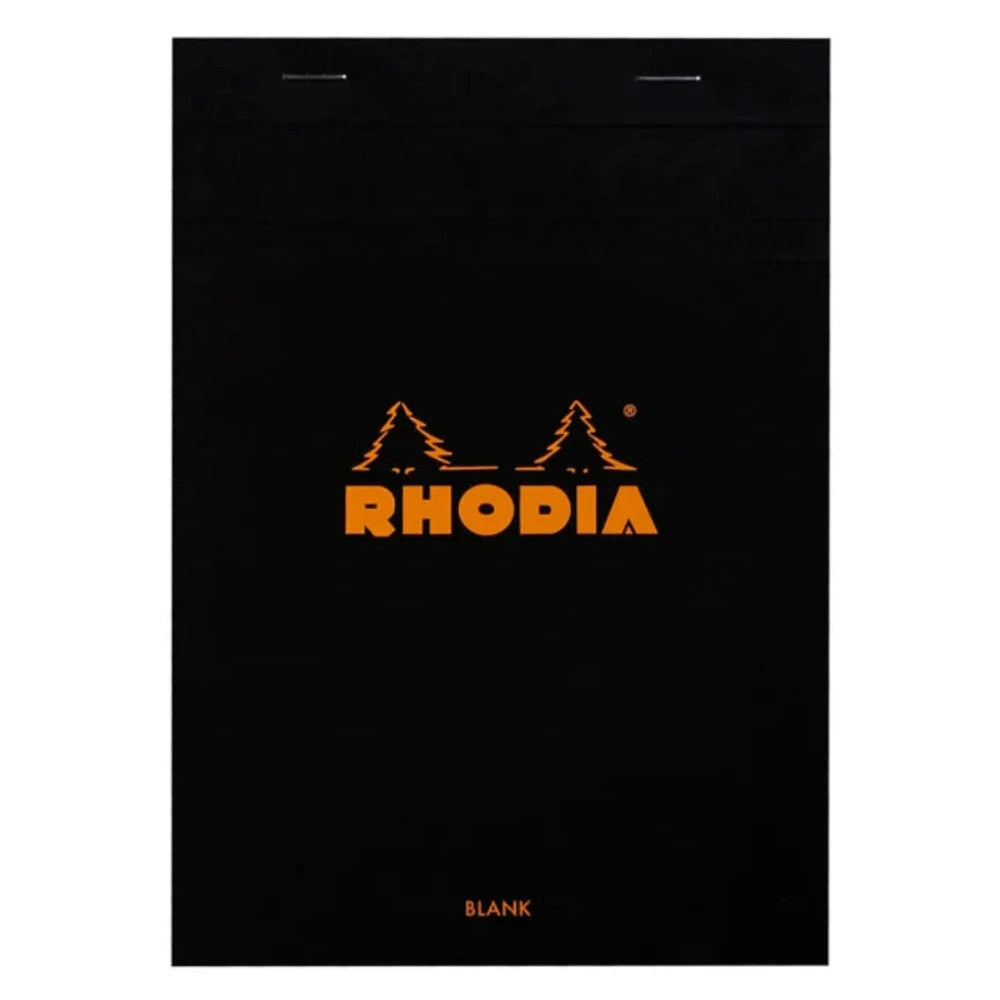 Black notebook with orange 'Rhodia' logo on a white background