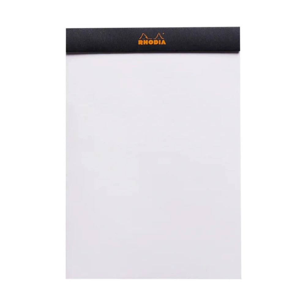 Black notebook with orange 'Rhodia' logo on a white background
