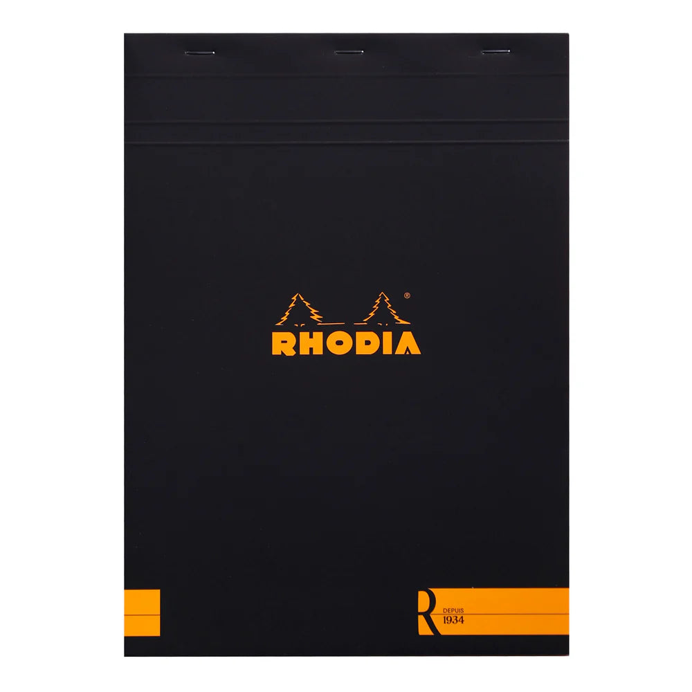 Black Rhodia notebook with orange logo and text on a white background