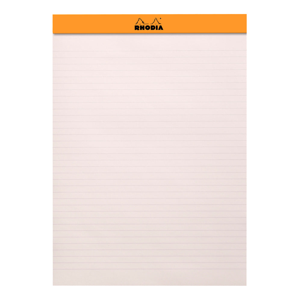 Rhodia notepad with orange top band on a white background