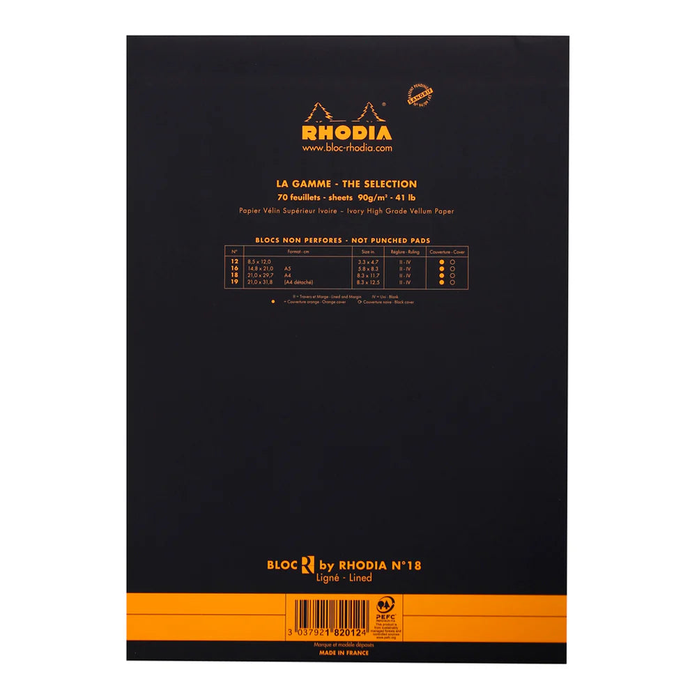 Back cover of a Rhodia notebook with branding and specifications.