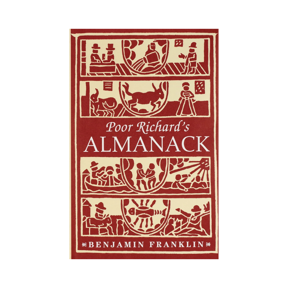Book cover of 'Poor Richard's Almanack' by Benjamin Franklin with decorative illustrations on a red background.