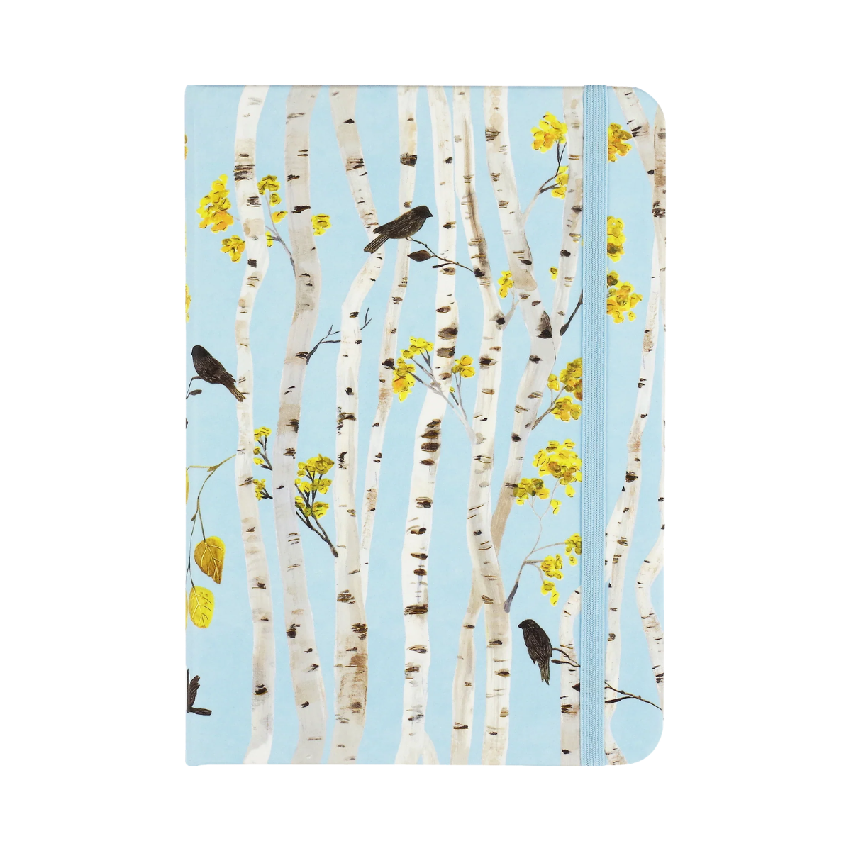 Notebook cover with birch trees and birds design on a light blue background