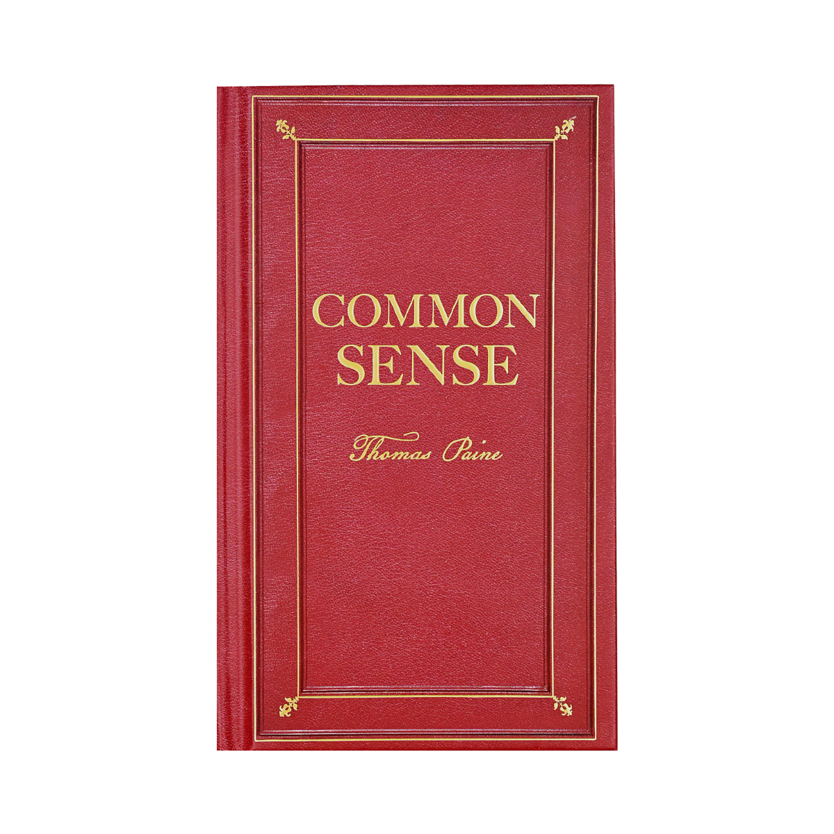 Red book titled 'Common Sense' by Thomas Paine on a white background