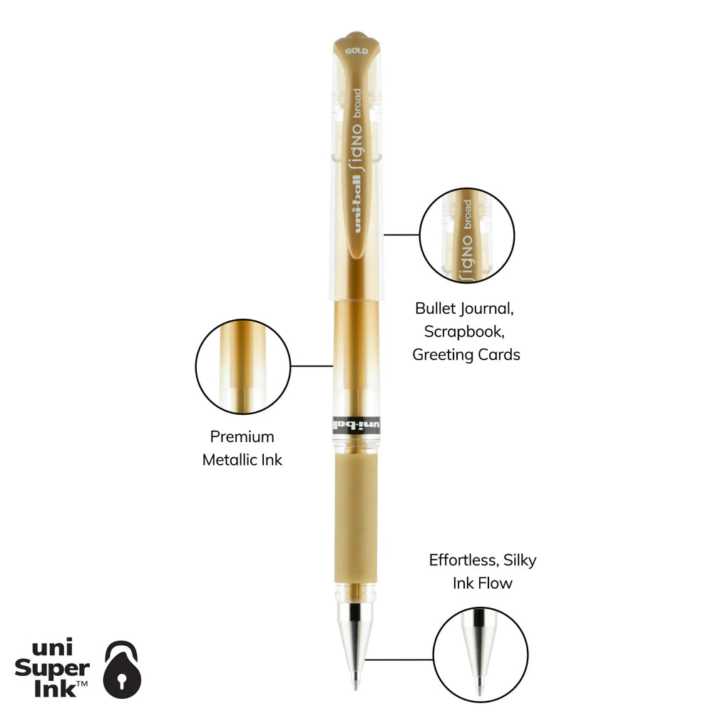 Gold pen with features highlighted on a white background