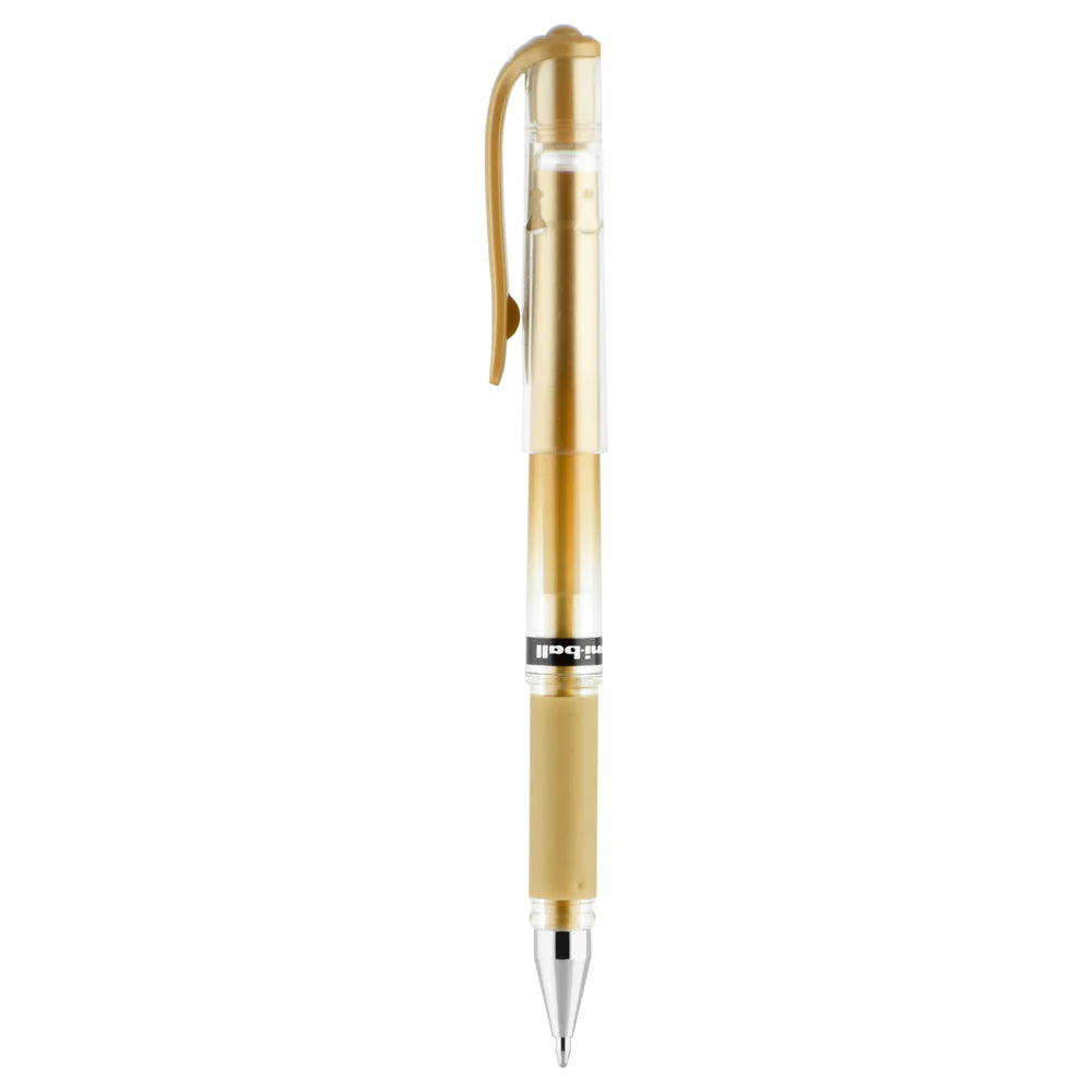Gold pen with a clear clip on a white background