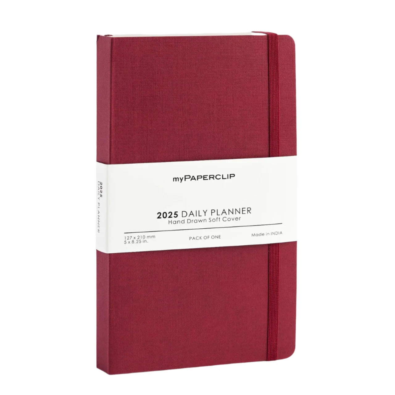Three A5 daily planners in navy blue, purple, and red colors, bound with elastic closures and marked with the myPAPERCLIP brand label.