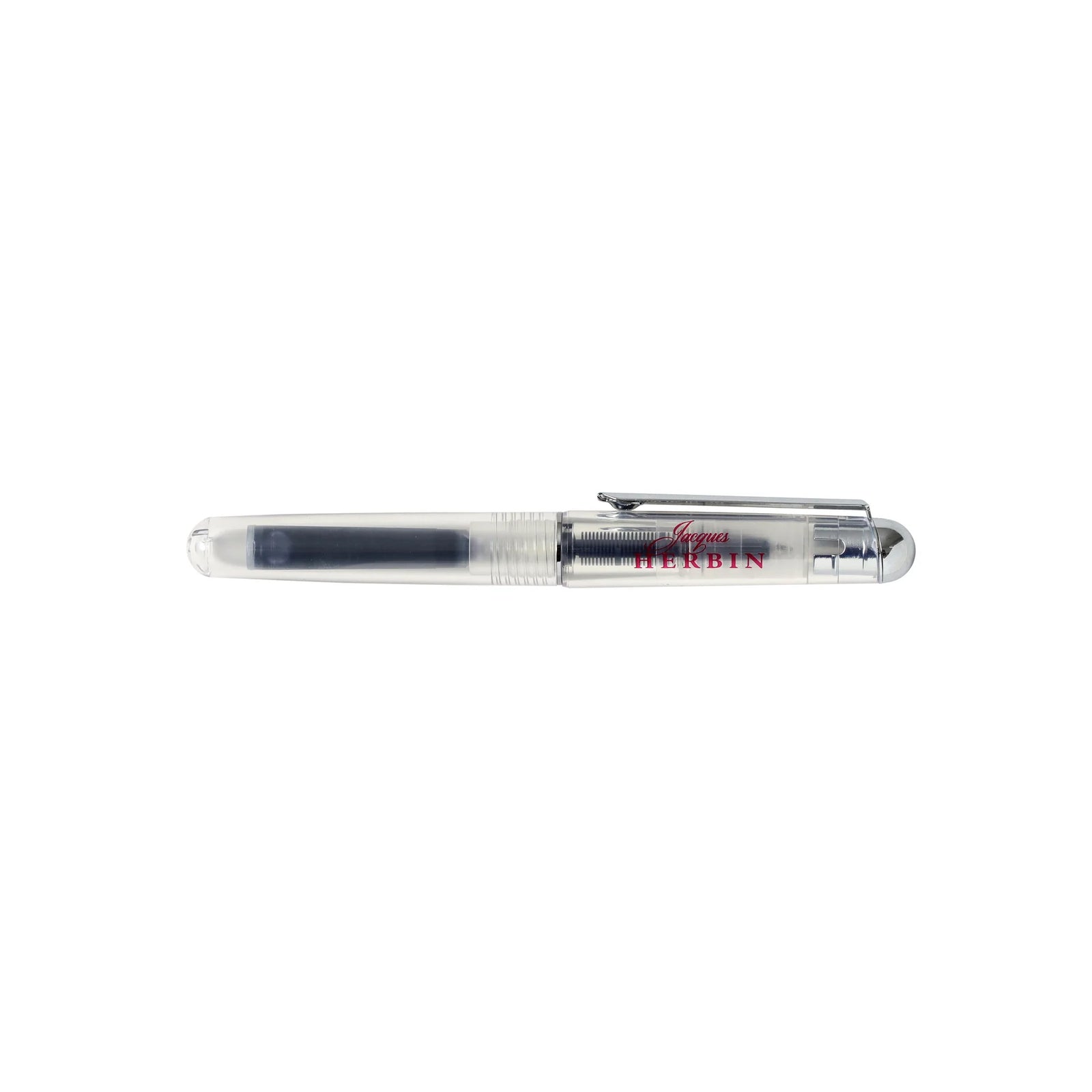 Clear pen with red text on a white background