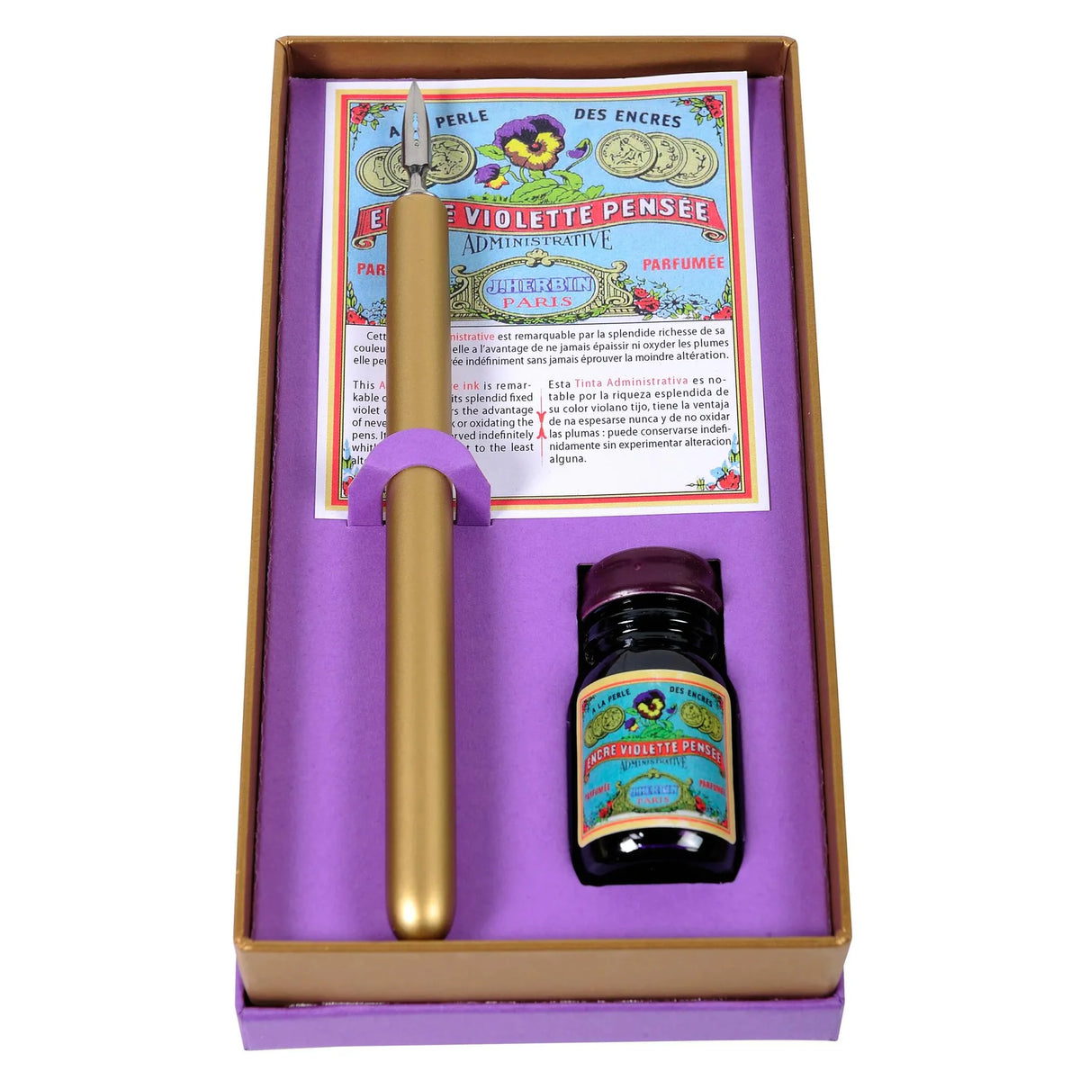 Pen and ink bottle set in a decorative box with colorful labels.