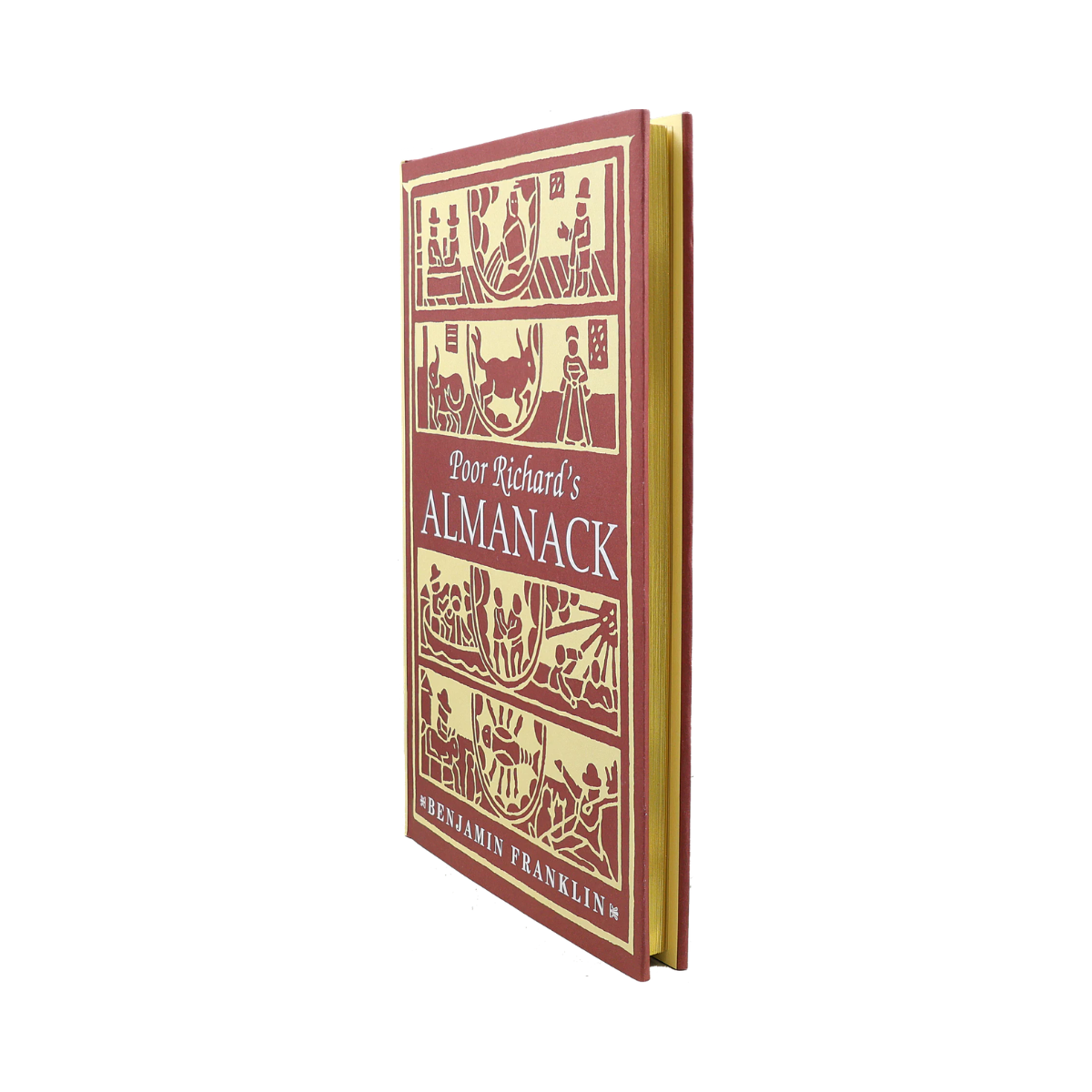 Book cover of 'Poor Richard's Almanack' by Benjamin Franklin with decorative illustrations on a red background.