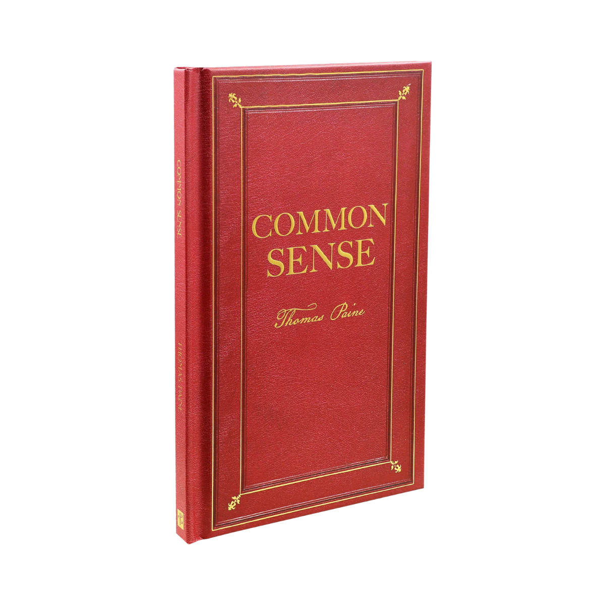 Red book titled 'Common Sense' by Thomas Paine on a white background