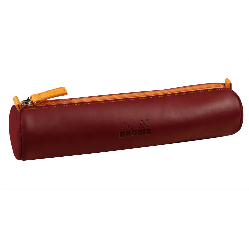 Red pencil case with orange zipper on a white background