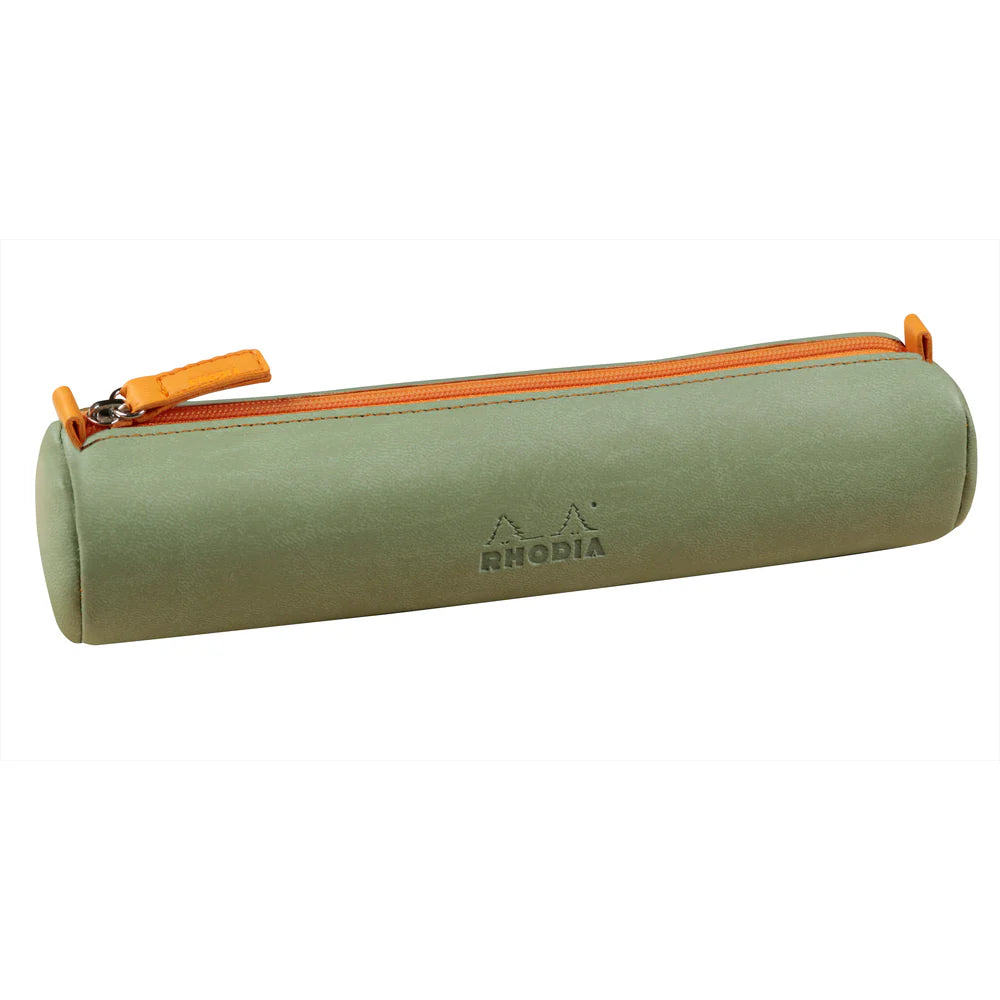 Green pencil case with orange zipper on a white background