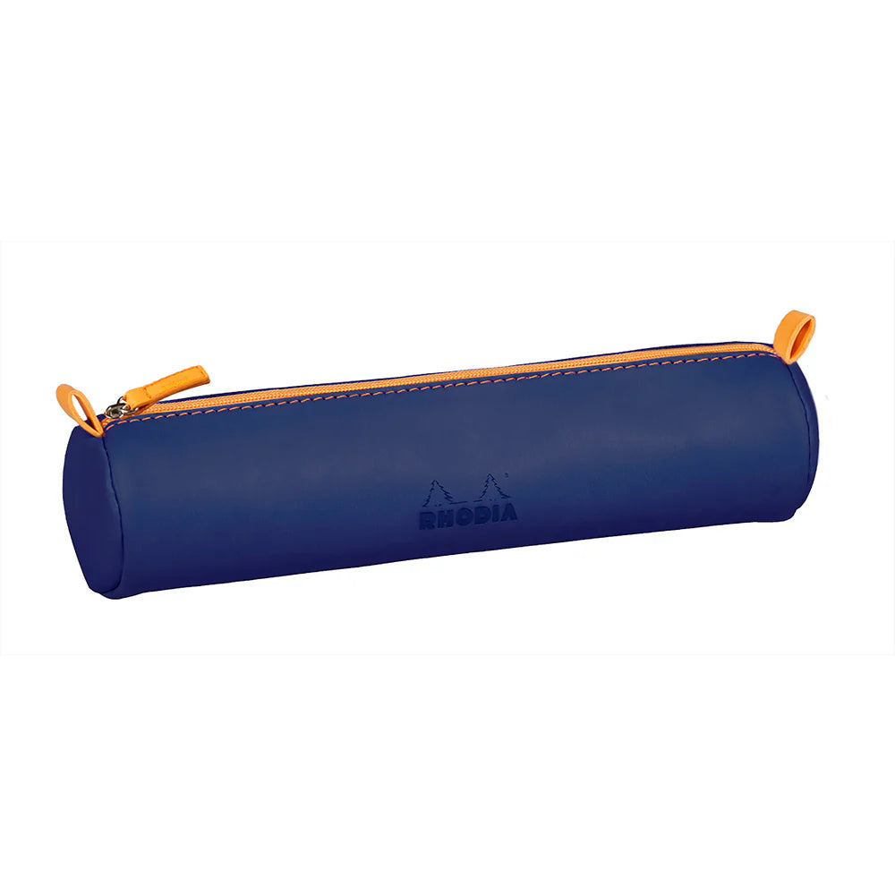 Blue pencil case with orange zipper on a white background