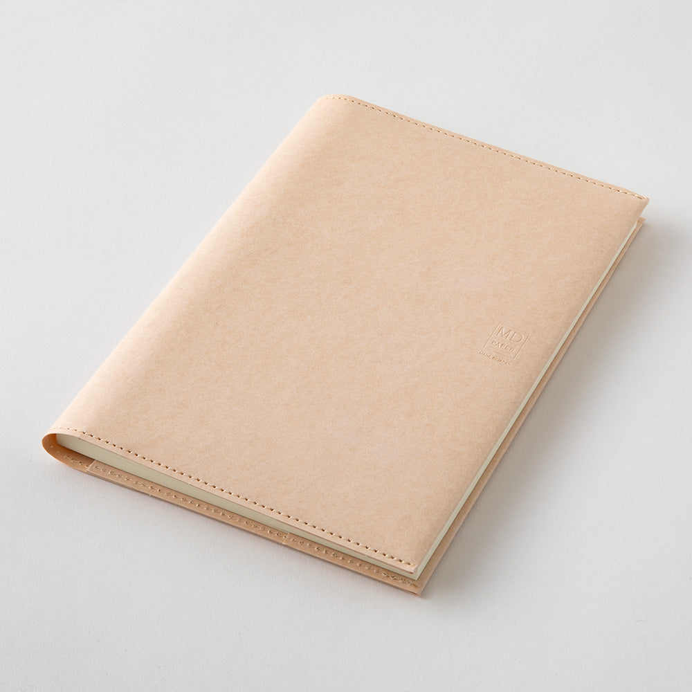 detail of the paper notebook cover shows a pink-ish parchment with stitching
