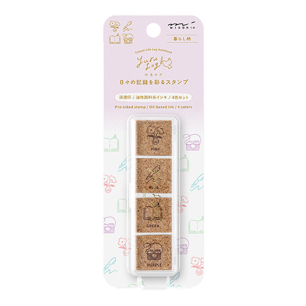 Set of preinked stamps with illustrations on a pink packaging