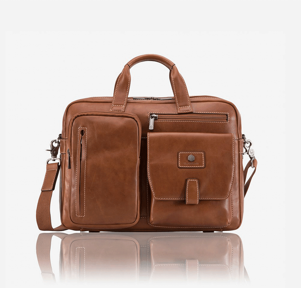 front of the medium laptop briefcase in leather with various pockets and shoulder strap
