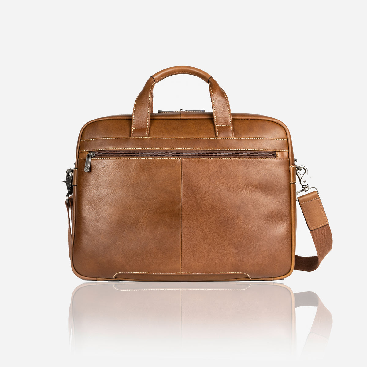 Medium sided leather laptop briefcase show2ing the back view with one zipper and leather shoulder straps