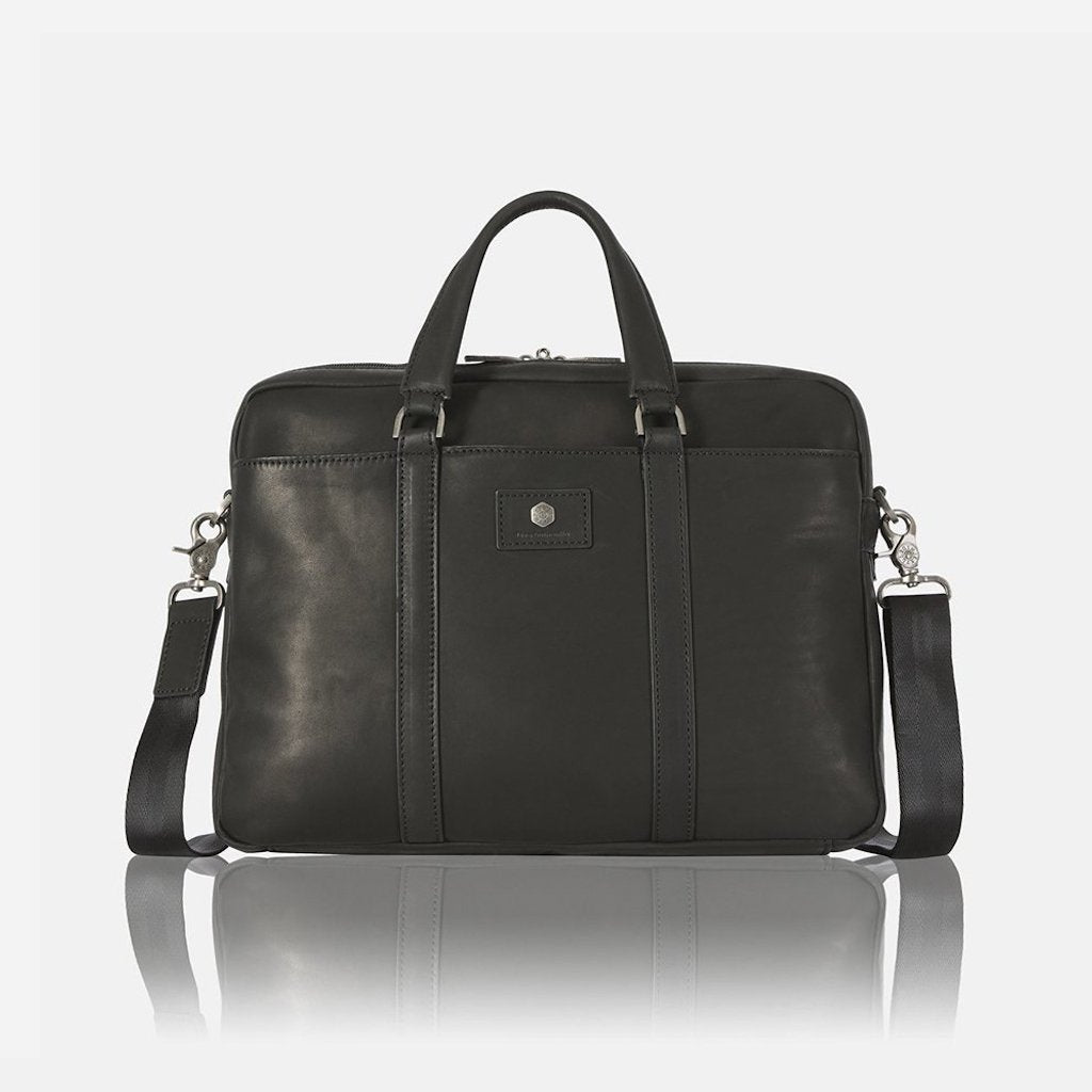 black leather laptop case from Jekyll & Hide showing the leather shoulder straps
