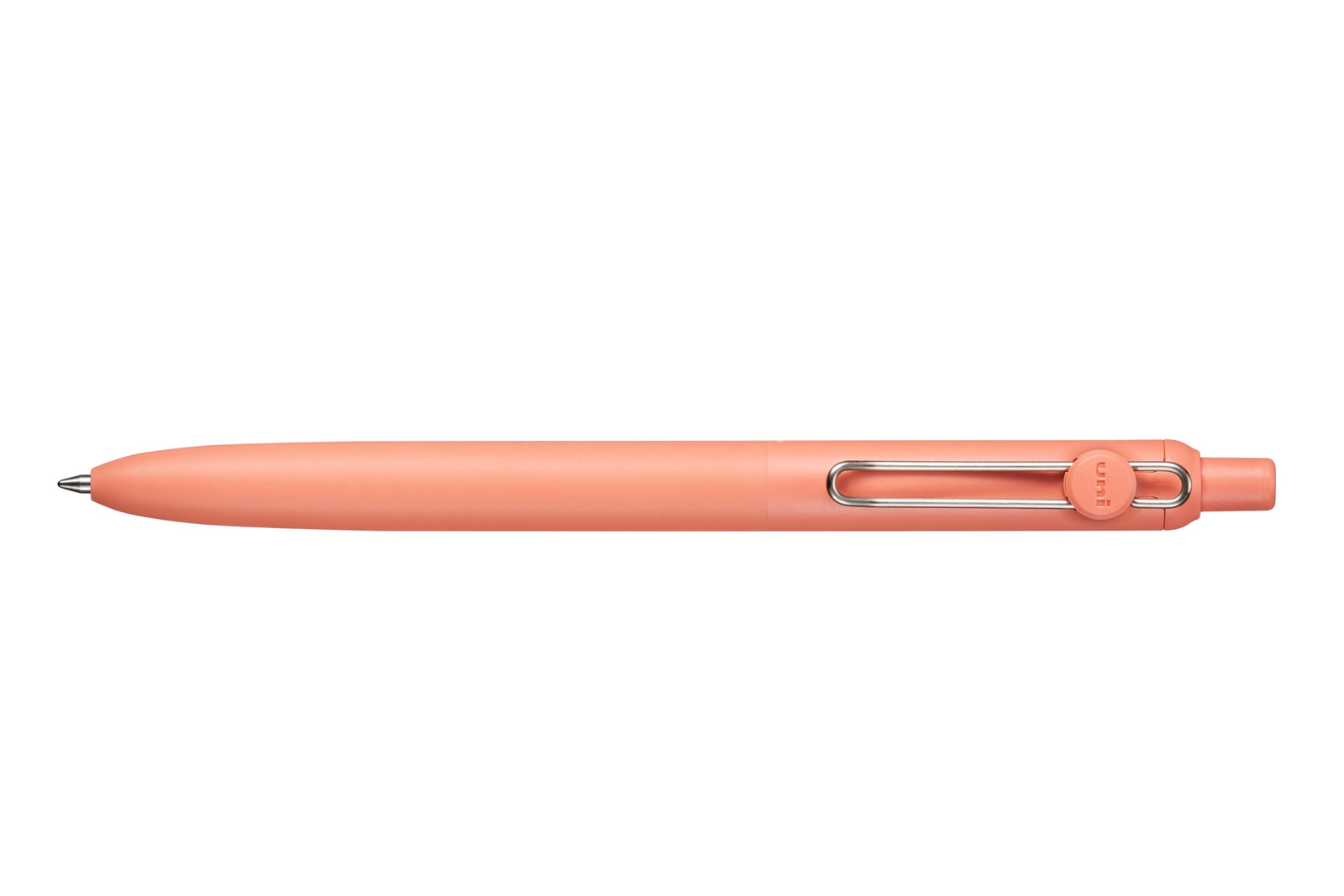Peach-colored pen with a metal clip on a white background